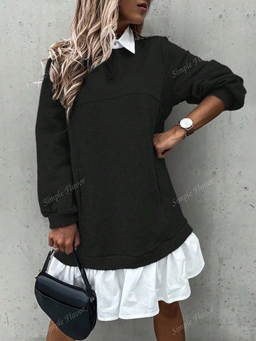 Women Casual Black & White Contrast Color Long Sleeve Sweatshirt Dress