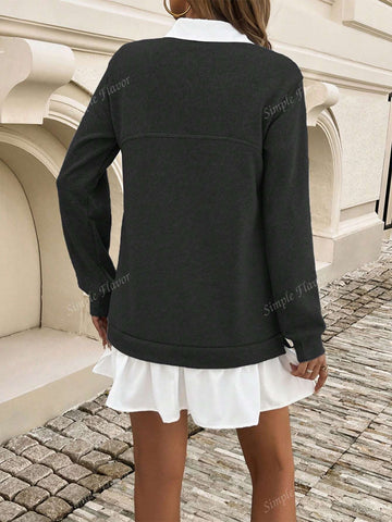 Women Casual Black & White Contrast Color Long Sleeve Sweatshirt Dress