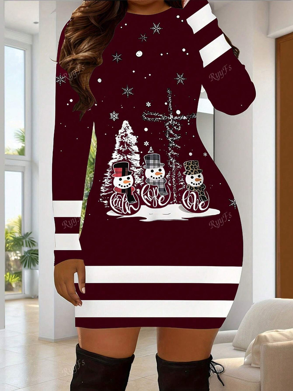 Women Casual Christmas Printed Color Block Stripe Fitted Dress