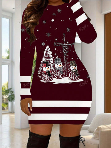 Women Casual Christmas Printed Color Block Stripe Fitted Dress
