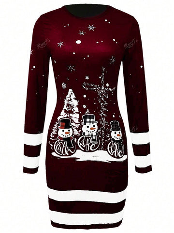 Women Casual Christmas Printed Color Block Stripe Fitted Dress