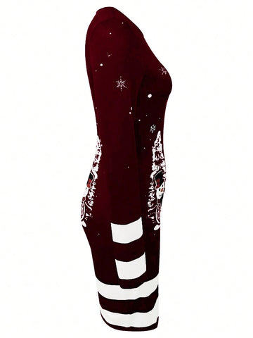 Women Casual Christmas Printed Color Block Stripe Fitted Dress