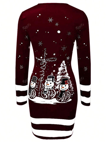 Women Casual Christmas Printed Color Block Stripe Fitted Dress