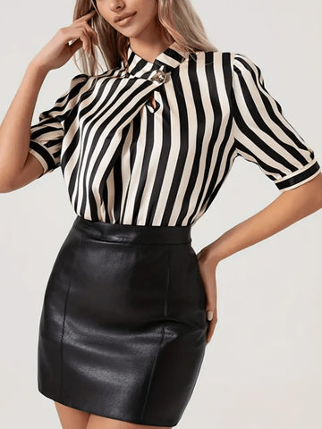Women Casual Commuting Striped Print Puff Sleeve Blouse