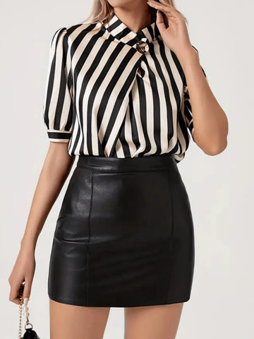 Women Casual Commuting Striped Print Puff Sleeve Blouse