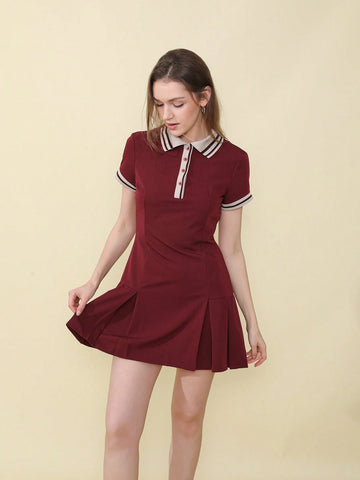 Women Casual Contrast Color Ribbed Pleated Short Sleeve Polo Neck Dress