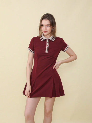 Women Casual Contrast Color Ribbed Pleated Short Sleeve Polo Neck Dress