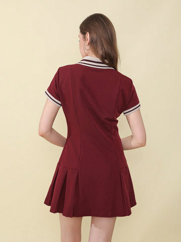 Women Casual Contrast Color Ribbed Pleated Short Sleeve Polo Neck Dress