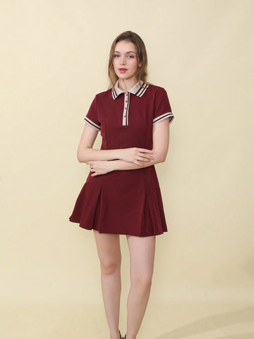 Women Casual Contrast Color Ribbed Pleated Short Sleeve Polo Neck Dress