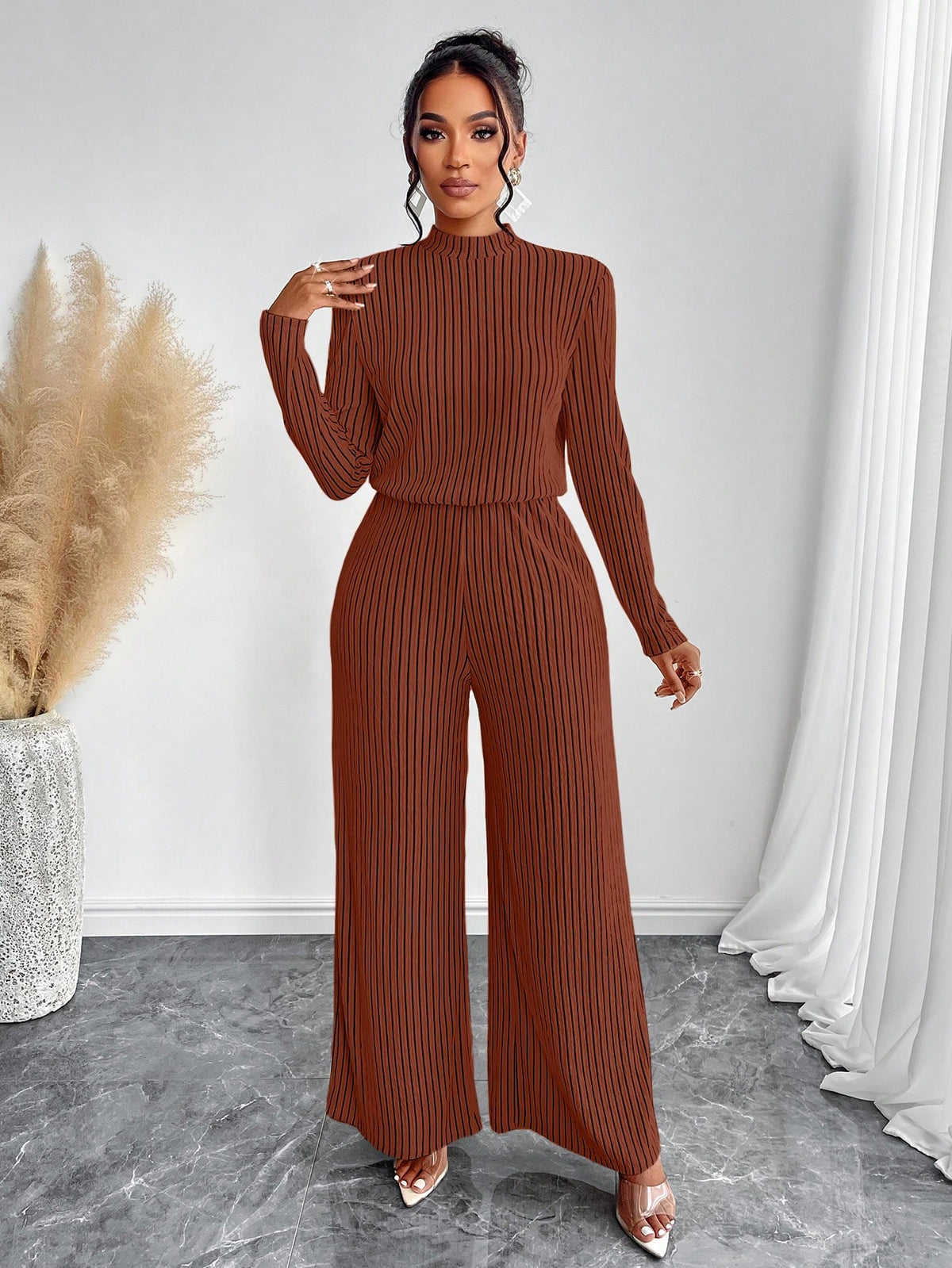 Women Casual Elegant Mock Neck Long Sleeve Wide Leg Jumpsuit