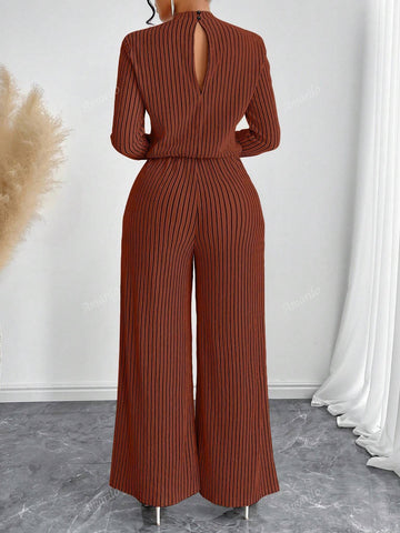 Women Casual Elegant Mock Neck Long Sleeve Wide Leg Jumpsuit