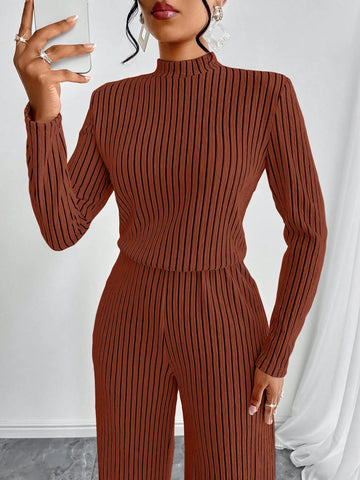 Women Casual Elegant Mock Neck Long Sleeve Wide Leg Jumpsuit