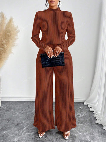 Women Casual Elegant Mock Neck Long Sleeve Wide Leg Jumpsuit