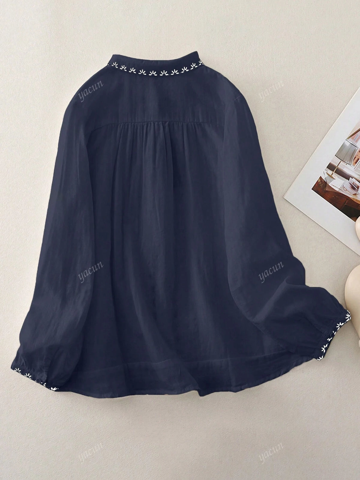 Women Casual Floral Embroidered Long Sleeve Shirt