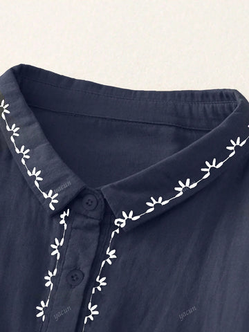 Women Casual Floral Embroidered Long Sleeve Shirt