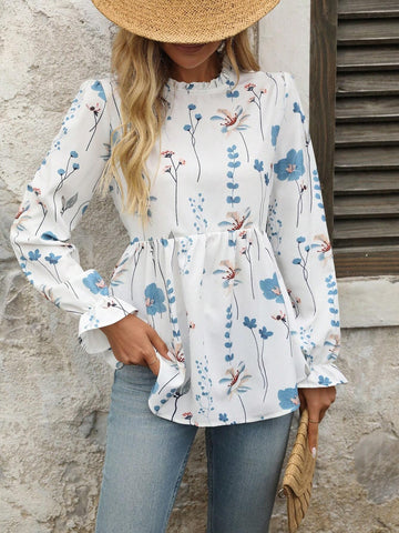 Women Casual Floral Print Long Sleeve Ruffle Collar Blouse, Spring And Autumn