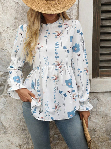 Women Casual Floral Print Long Sleeve Ruffle Collar Blouse, Spring And Autumn