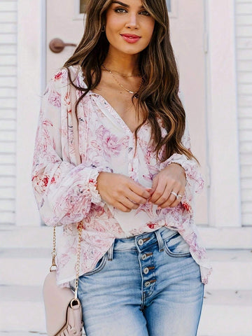 Women Casual Lantern Sleeve Top With Floral Print For Spring