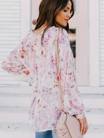 Women Casual Lantern Sleeve Top With Floral Print For Spring