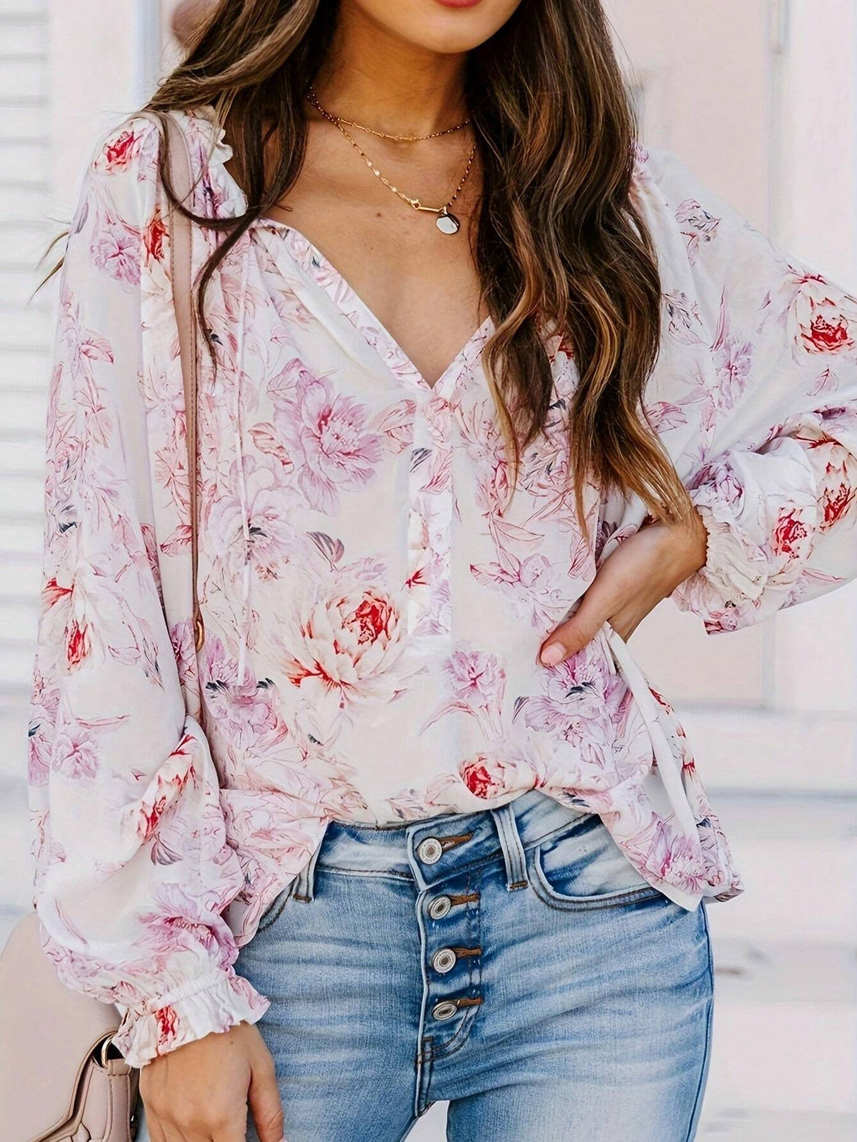Women Casual Lantern Sleeve Top With Floral Print For Spring