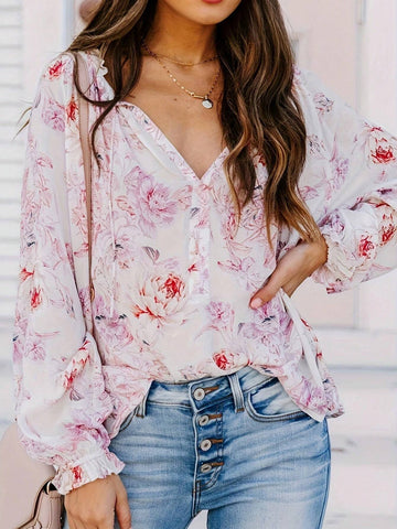 Women Casual Lantern Sleeve Top With Floral Print For Spring