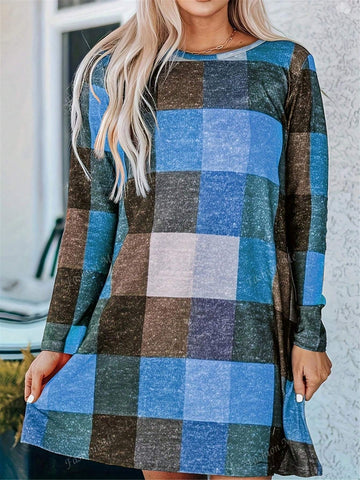 Women Casual Long Sleeve Plaid Print Dress For Autumn