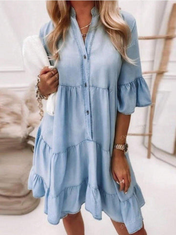Women Casual Loose Flounce Sleeve Tiered Hem Short Dress