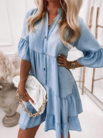 Women Casual Loose Flounce Sleeve Tiered Hem Short Dress