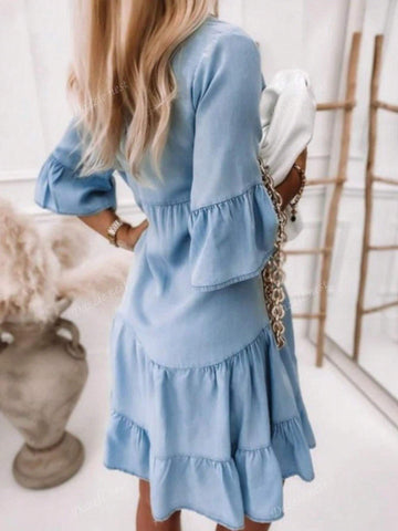 Women Casual Loose Flounce Sleeve Tiered Hem Short Dress