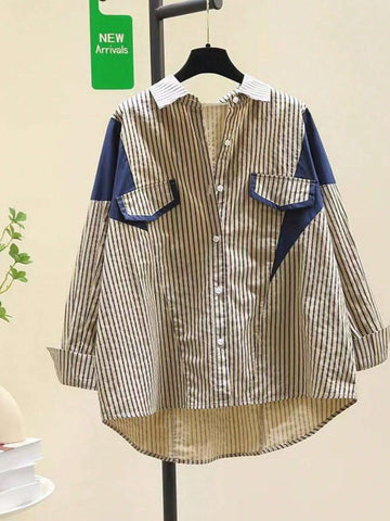 Women Casual Loose Long Sleeve Striped Shirt, Spring & Autumn