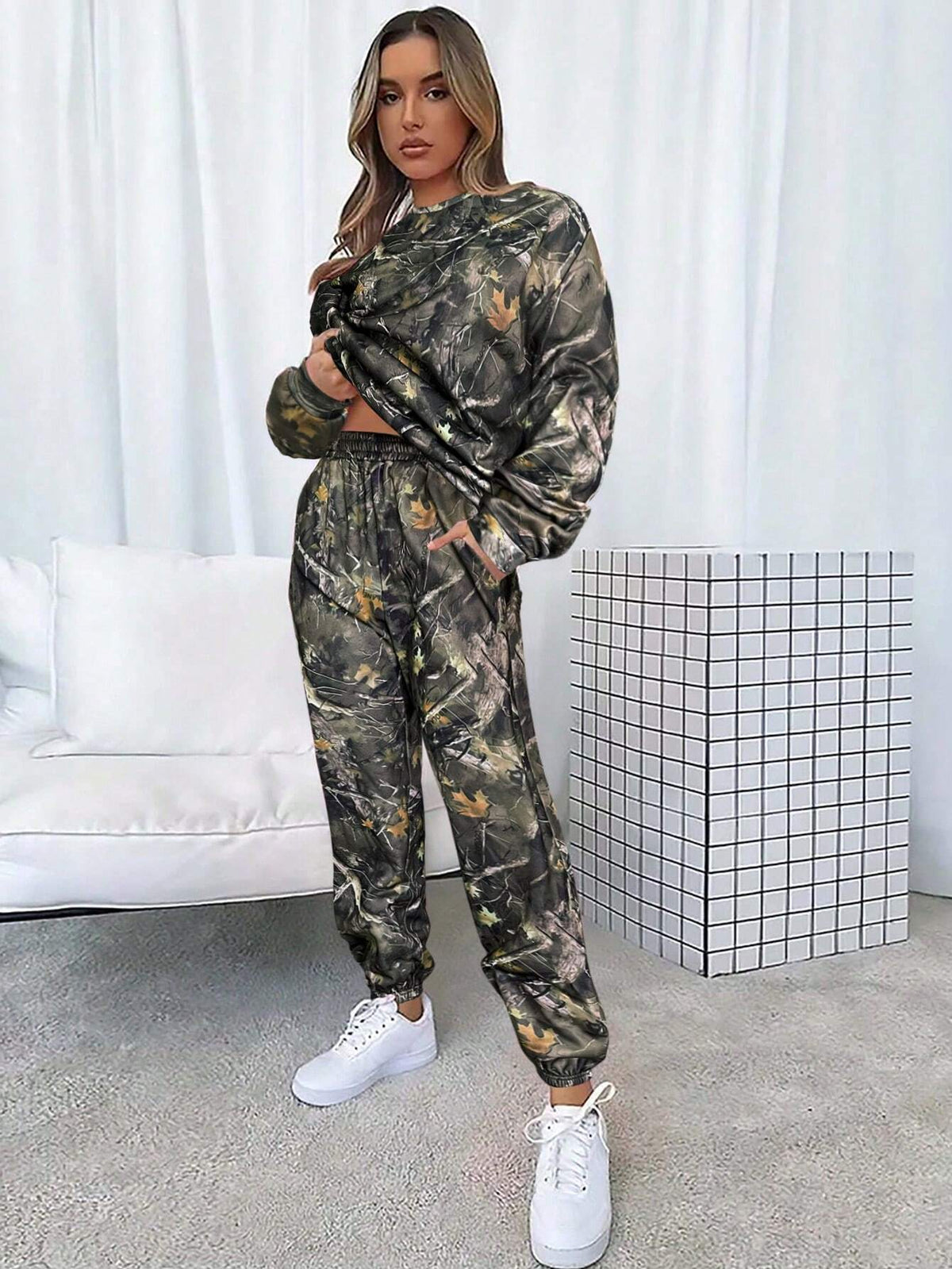 Women Casual Outfit Tree Branch Print Sports Suit, Solid Color Fashion Comfortable Loose Waist Long Sleeve Top & Pants, Suitable For Autumn & Winter