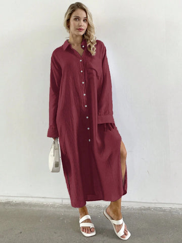 Women Casual Oversized Loose Maxi Shirt Dress