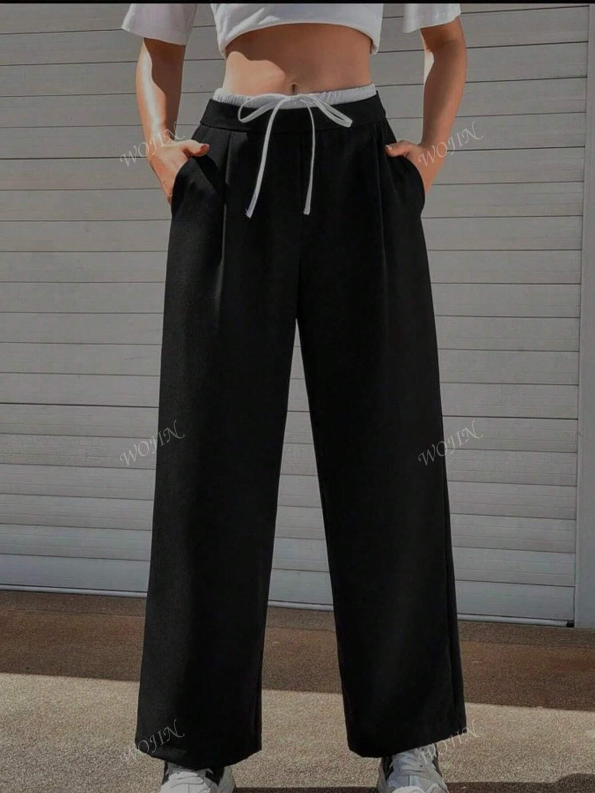 Women Casual Pants Contrast-Color Lace-Up Elegant Trouser