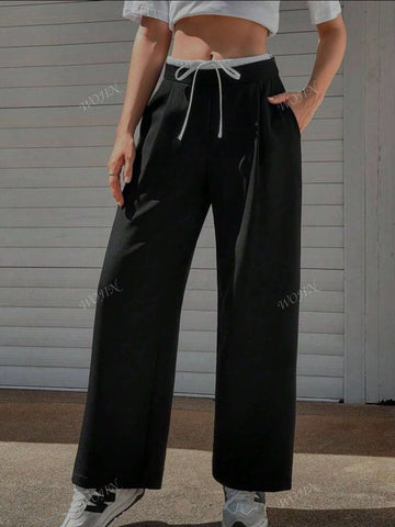 Women Casual Pants Contrast-Color Lace-Up Elegant Trouser
