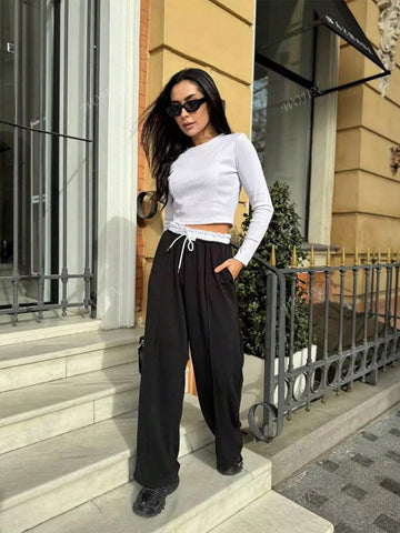 Women Casual Pants Contrast-Color Lace-Up Elegant Trouser