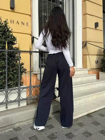 Women Casual Pants Contrast-Color Lace-Up Elegant Trouser