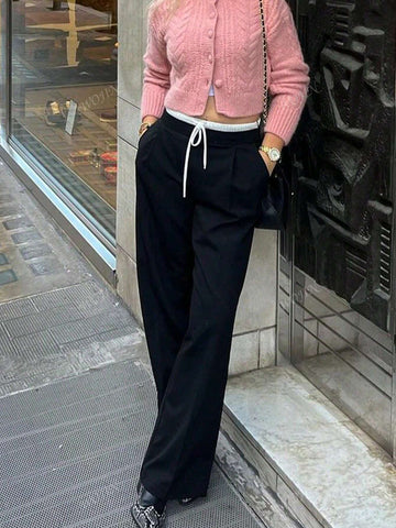 Women Casual Pants Contrast-Color Lace-Up Elegant Trouser