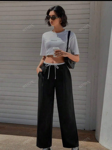 Women Casual Pants Contrast-Color Lace-Up Elegant Trouser