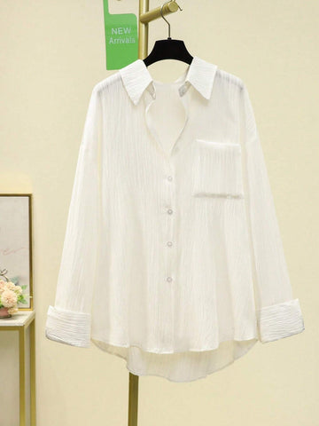 Women Casual Patchwork Pocket Long Sleeve Loose Blouse