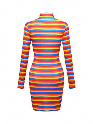 Women Casual Rainbow Striped Turtleneck Long Sleeve Short Knit Dress, Autumn