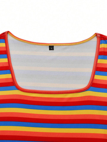 Women Casual Rainbow Striped Turtleneck Long Sleeve Short Knit Dress, Autumn