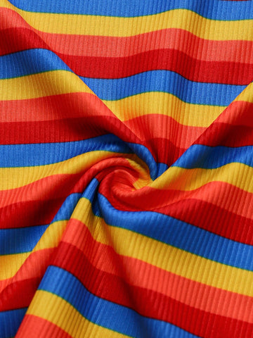 Women Casual Rainbow Striped Turtleneck Long Sleeve Short Knit Dress, Autumn