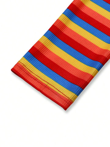 Women Casual Rainbow Striped Turtleneck Long Sleeve Short Knit Dress, Autumn