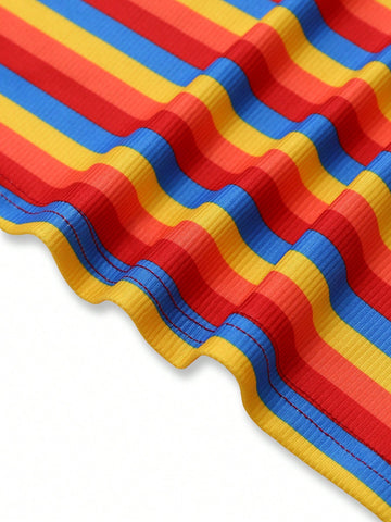 Women Casual Rainbow Striped Turtleneck Long Sleeve Short Knit Dress, Autumn