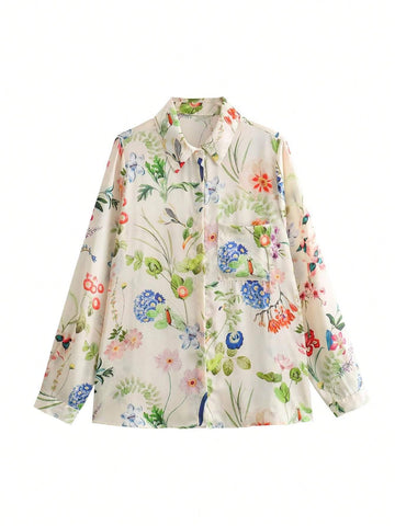 Women Casual Satin Flower Print Shirt Top