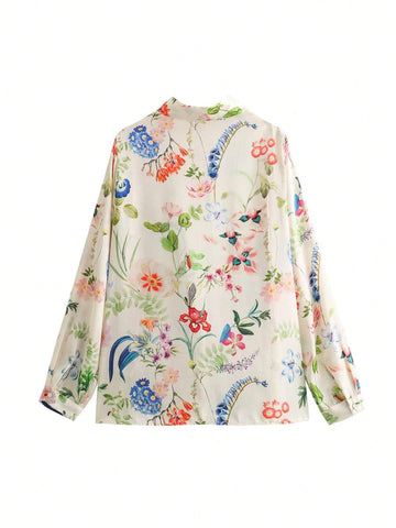 Women Casual Satin Flower Print Shirt Top