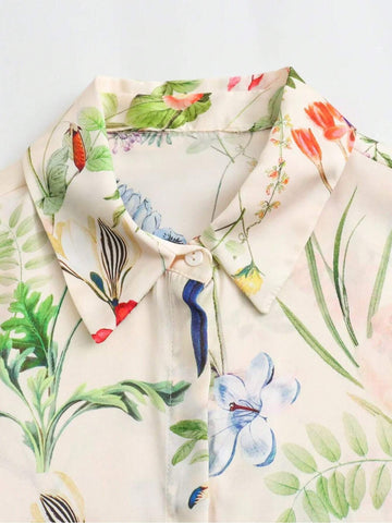 Women Casual Satin Flower Print Shirt Top