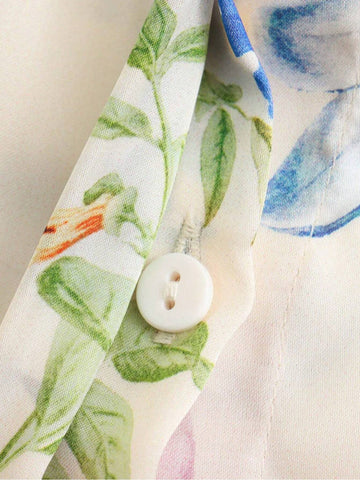 Women Casual Satin Flower Print Shirt Top