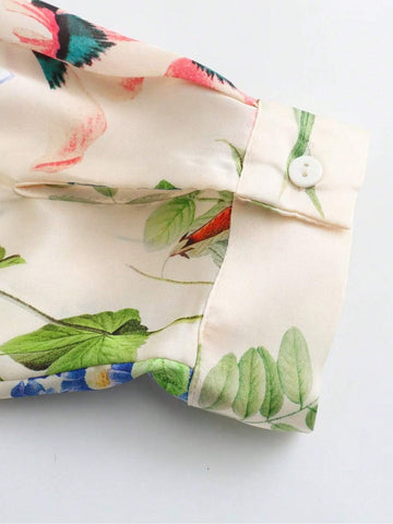 Women Casual Satin Flower Print Shirt Top