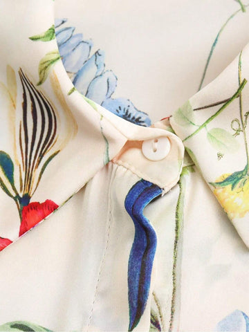 Women Casual Satin Flower Print Shirt Top